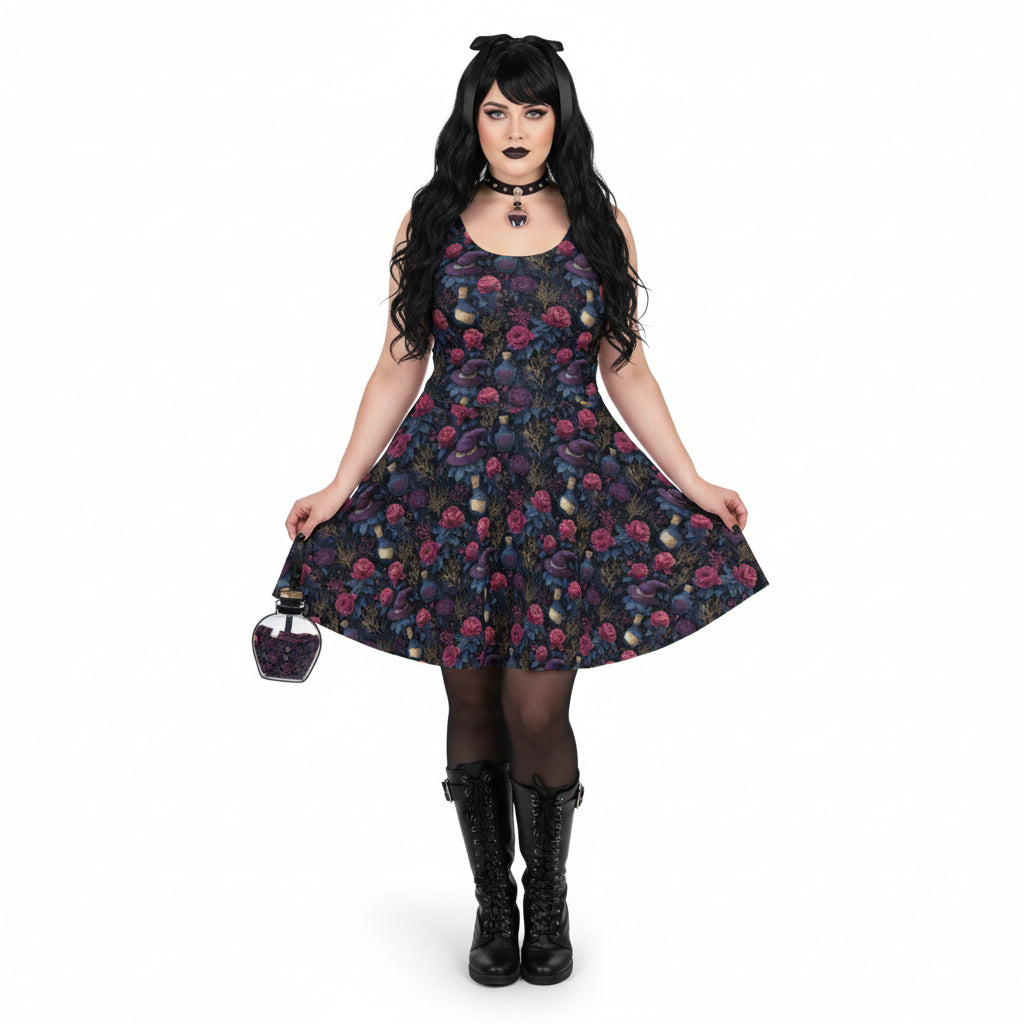 Woman wearing a gothic floral dress with a white background