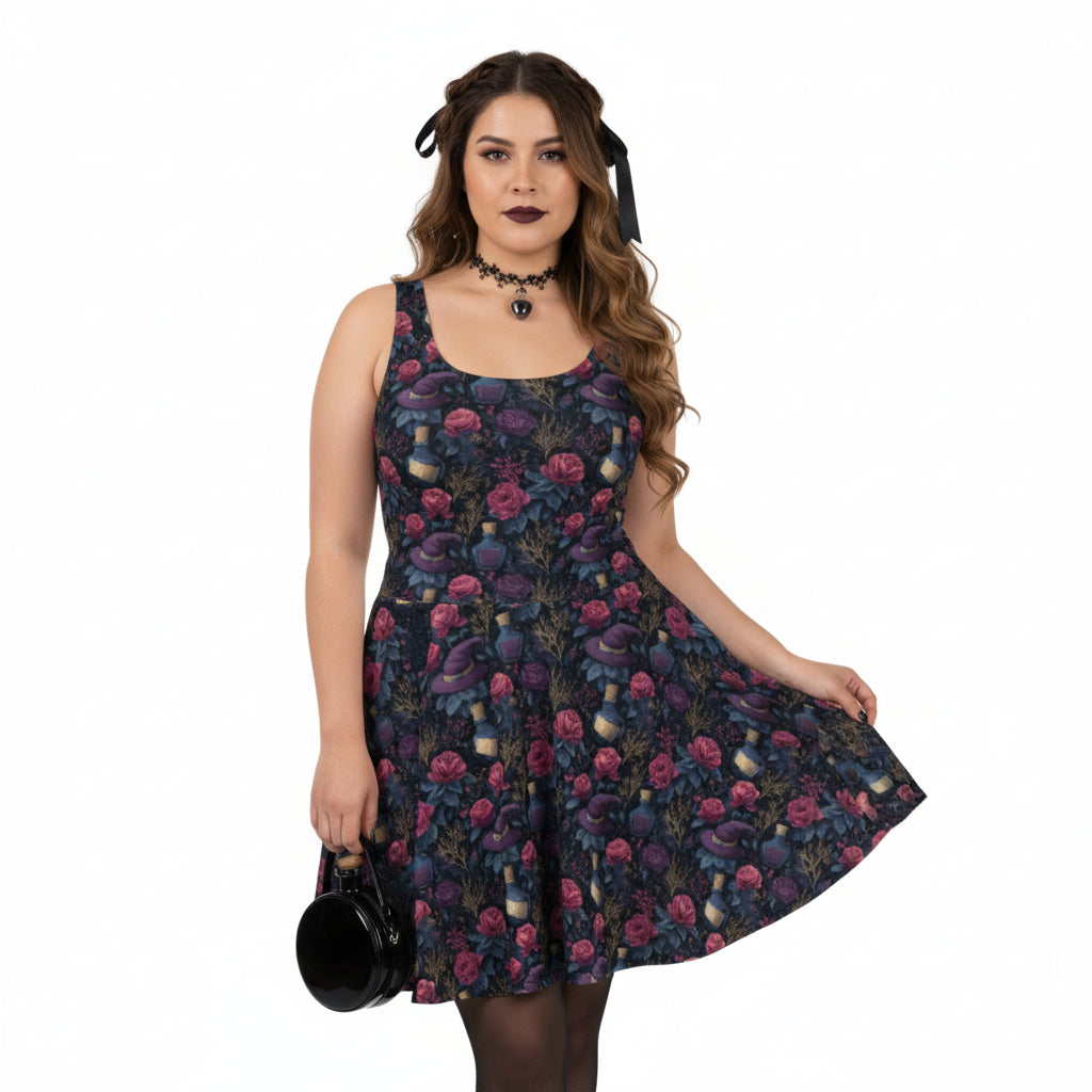 Woman wearing a floral dress on a white background