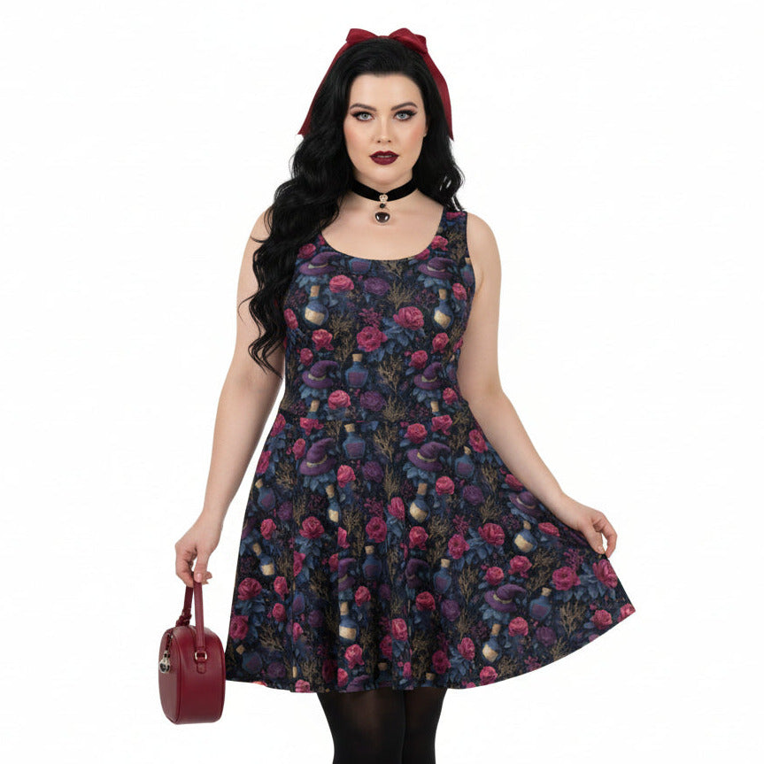 Woman wearing a floral dress with a red bow and matching handbag on a white background