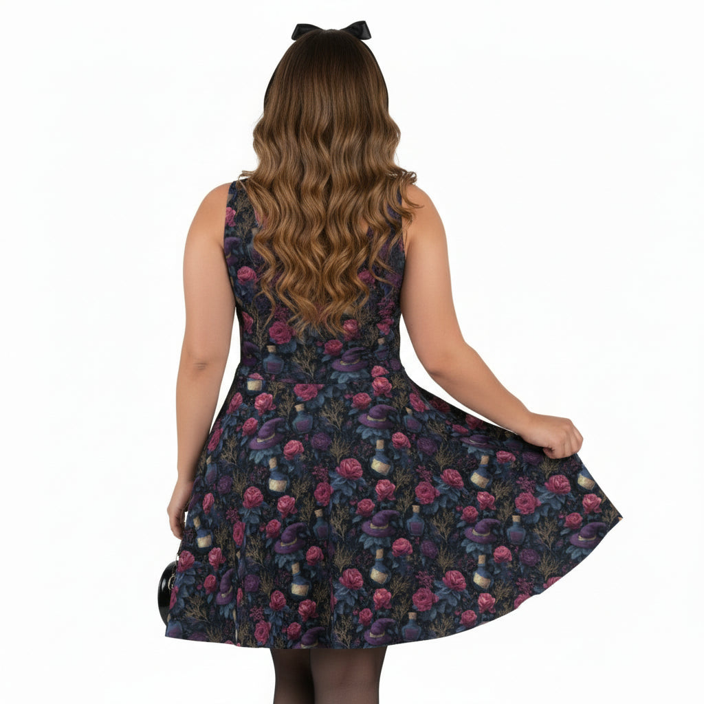 Woman wearing a floral dress with a white background