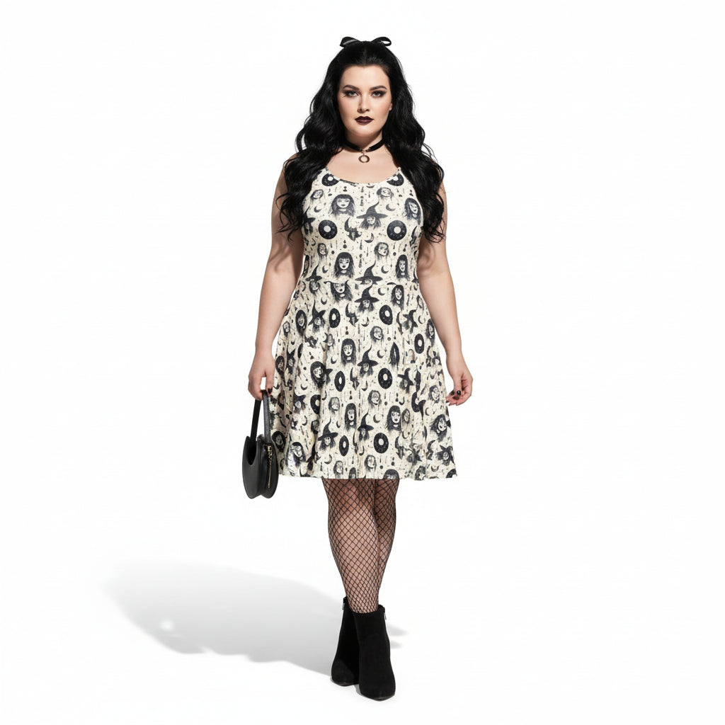 woman wearing witch celestial, and moon print dress