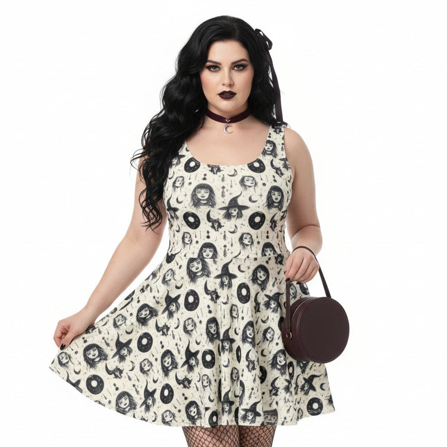 woman wearing witch celestial, and moon print dress on white background