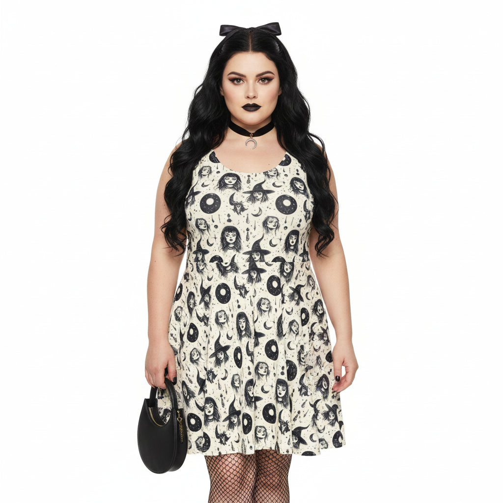 woman wearing witch celestial, and moon print dress and accessories on a white background