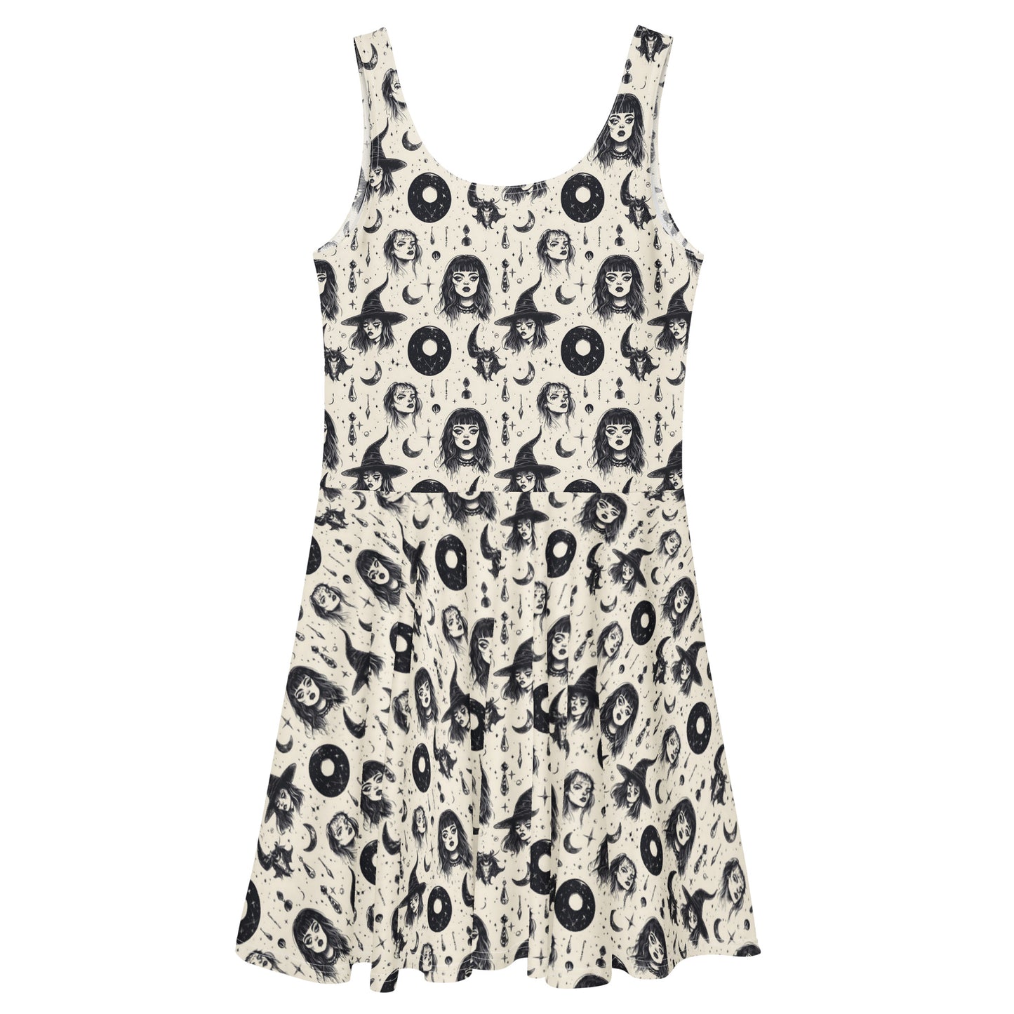 White dress with black pattern on a white background