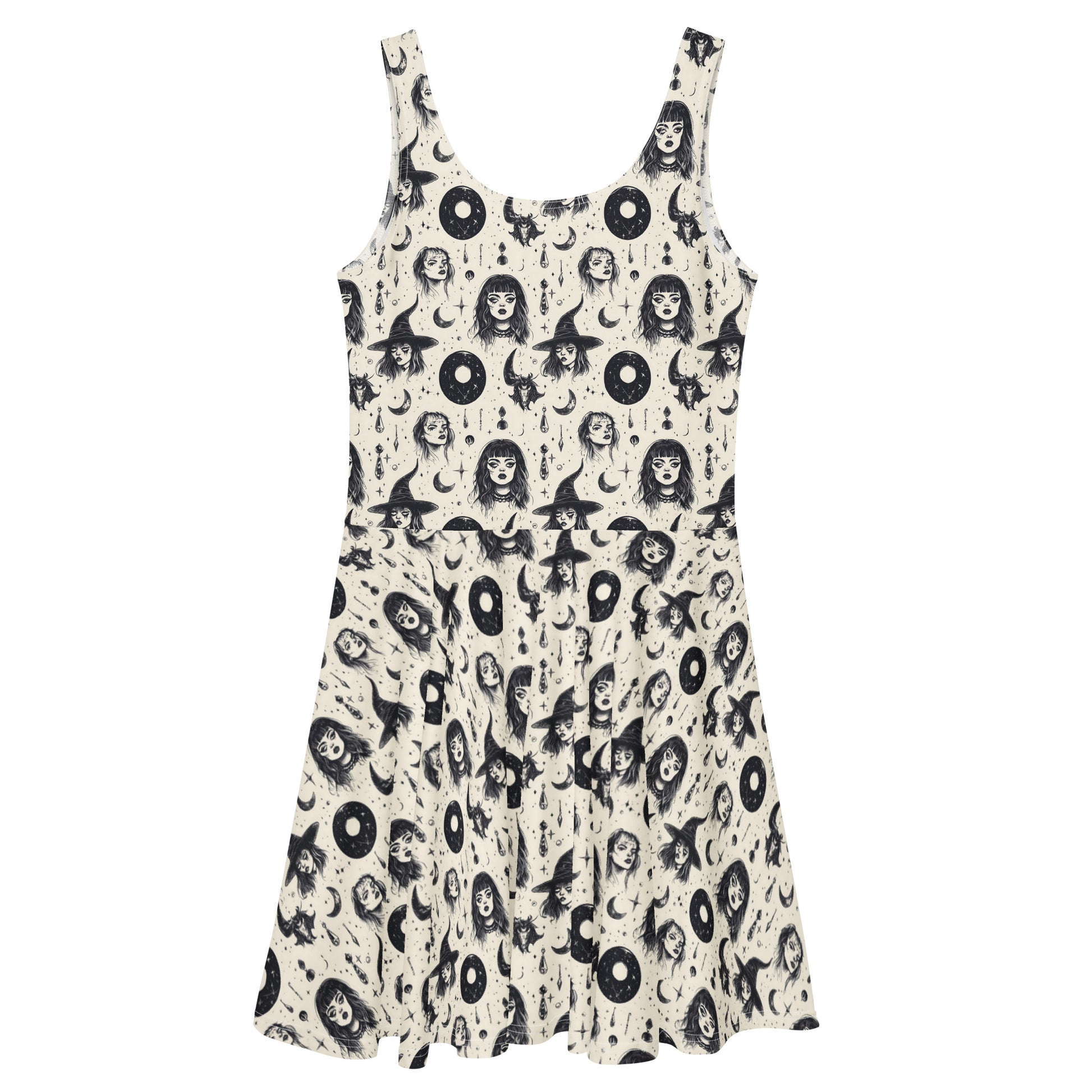 White dress with black pattern on a white background