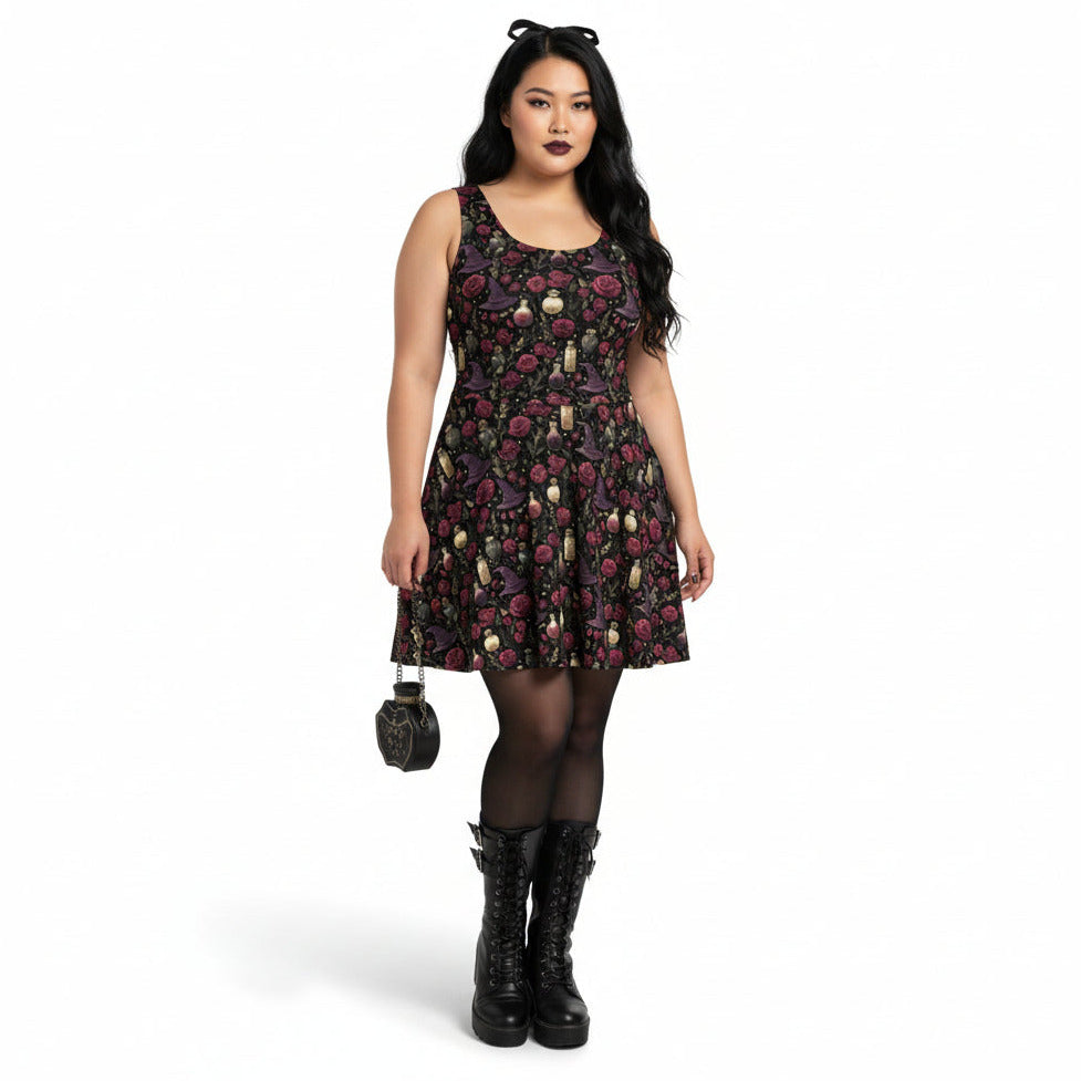 Woman wearing a floral dress with black boots on a white background
