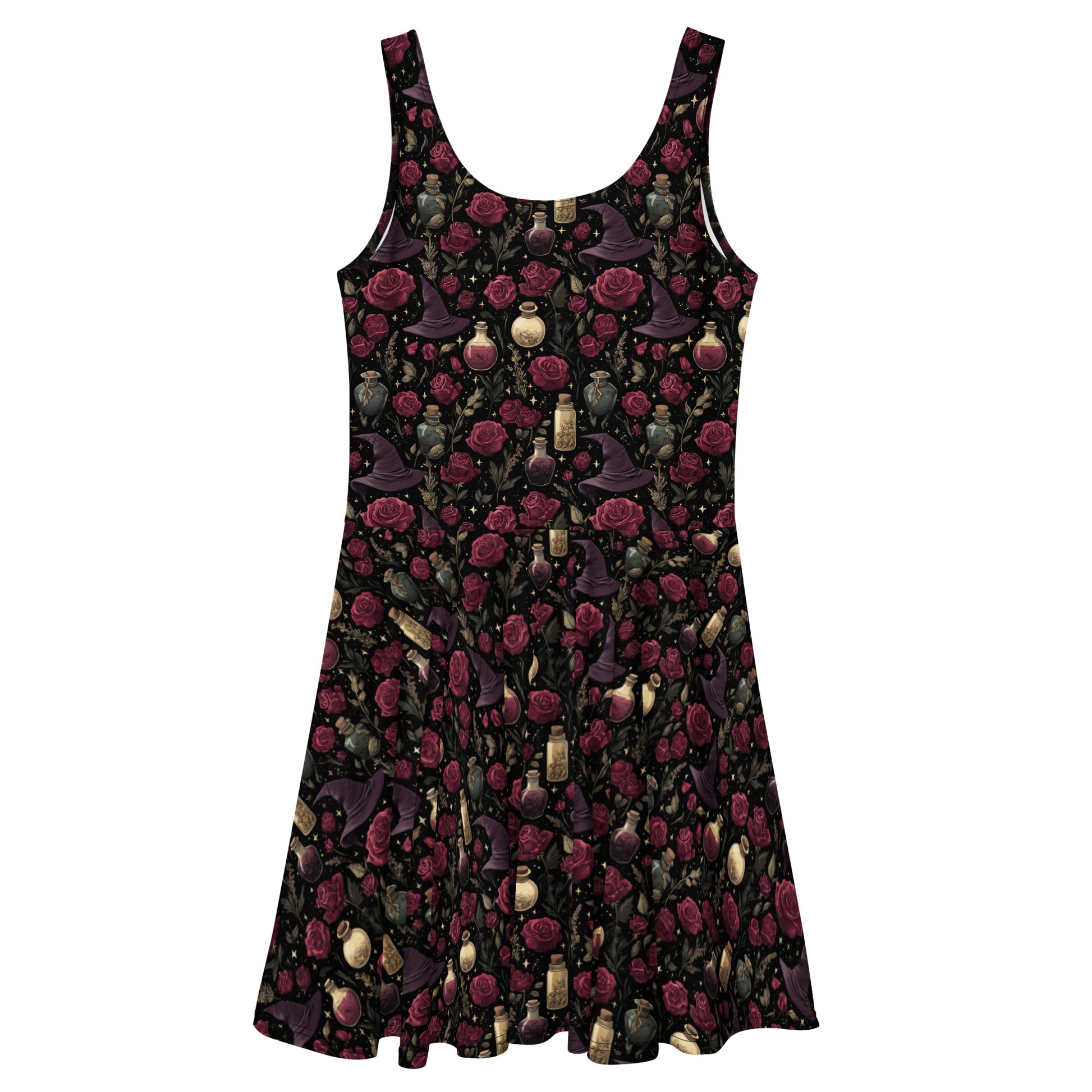 Black sleeveless dress with a pattern of roses, potion bottles, and witch hats on a white background.