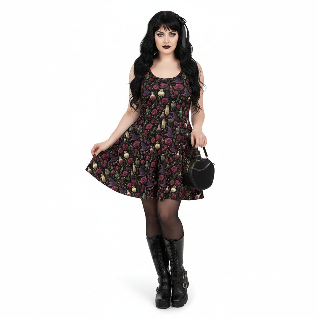 Woman wearing a floral dress with gold buttons on a white background