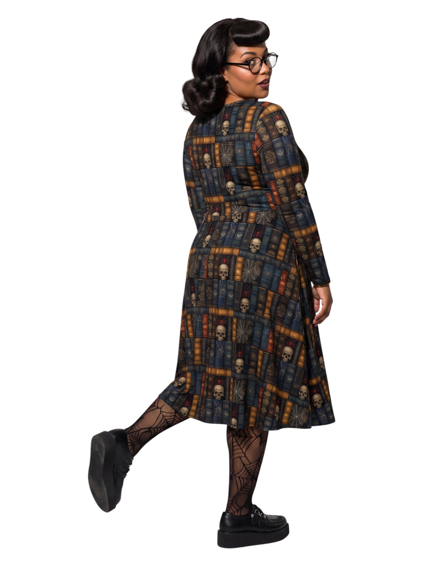 Plus-size model smiling in a Dark Academia midi dress featuring a bookshelf print with vintage books, skulls, and spiderwebs, designed with long sleeves and a fit-and-flare silhouette.
