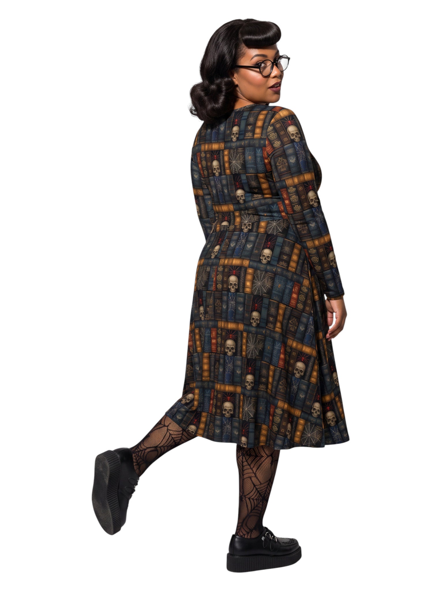 Plus-size model smiling in a Dark Academia midi dress featuring a bookshelf print with vintage books, skulls, and spiderwebs, designed with long sleeves and a fit-and-flare silhouette.