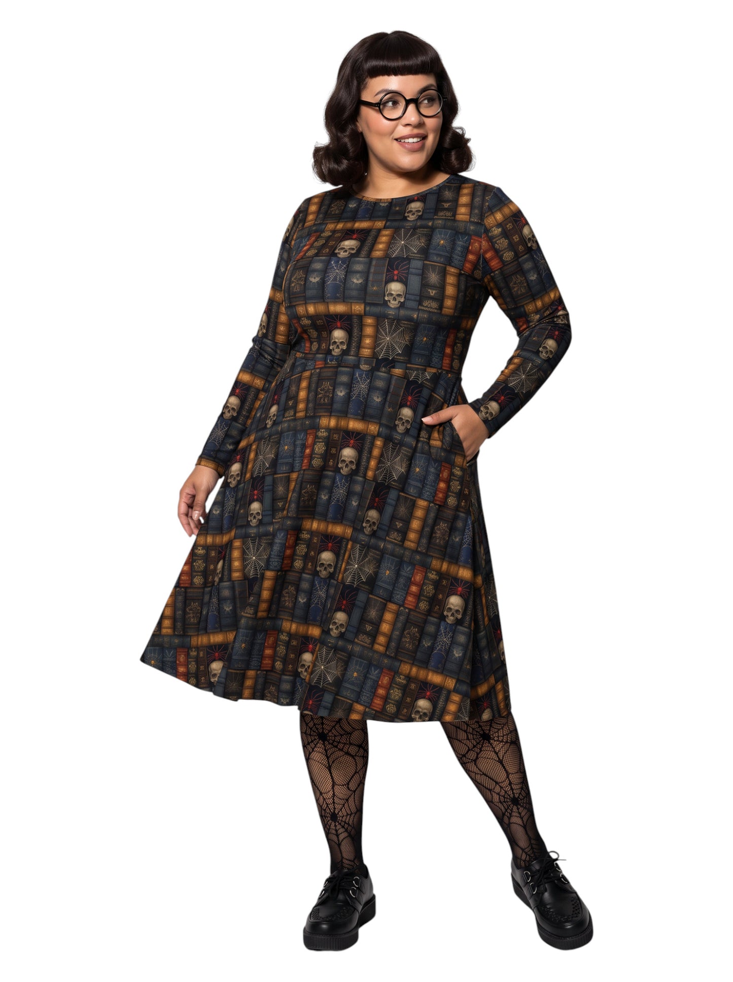 Gothic Dark Academia Book & Skull Midi Dress with Pockets (XXS-6XL)