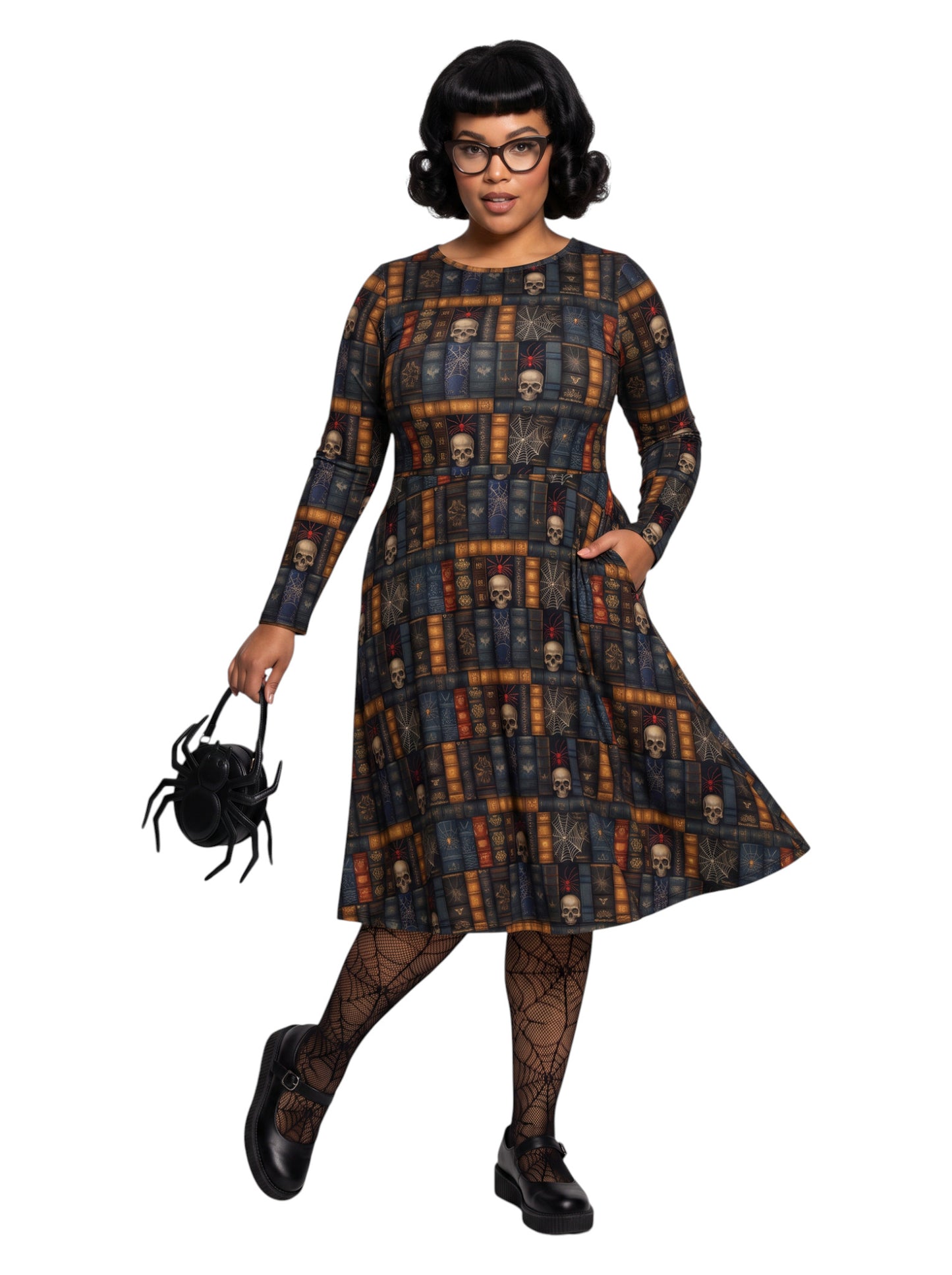 Plus-size model smiling in a Dark Academia midi dress featuring a bookshelf print with vintage books, skulls, and spiderwebs, designed with long sleeves and a fit-and-flare silhouette.