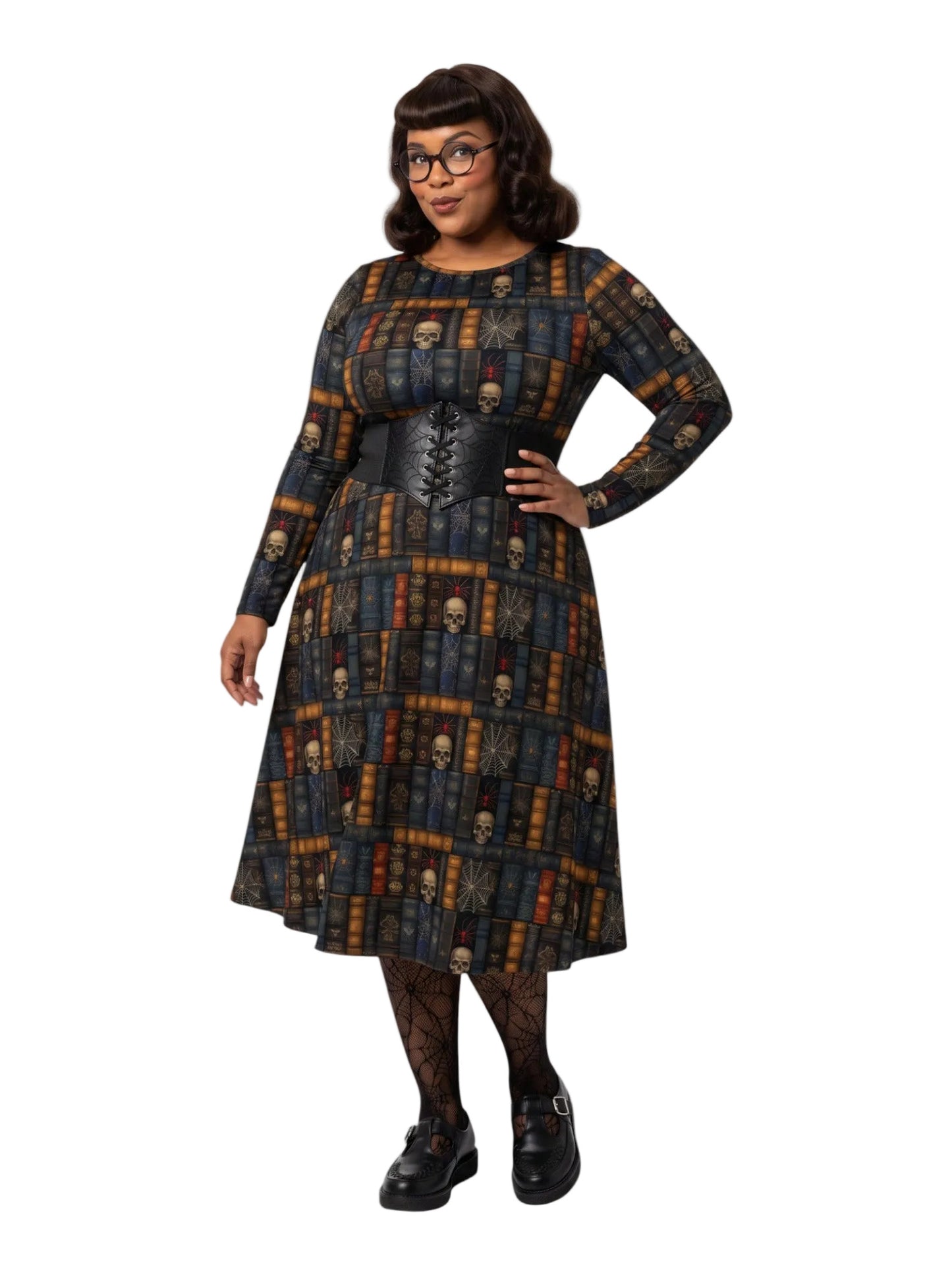 Plus-size model smiling in a Dark Academia midi dress featuring a bookshelf print with vintage books, skulls, and spiderwebs, designed with long sleeves and a fit-and-flare silhouette.