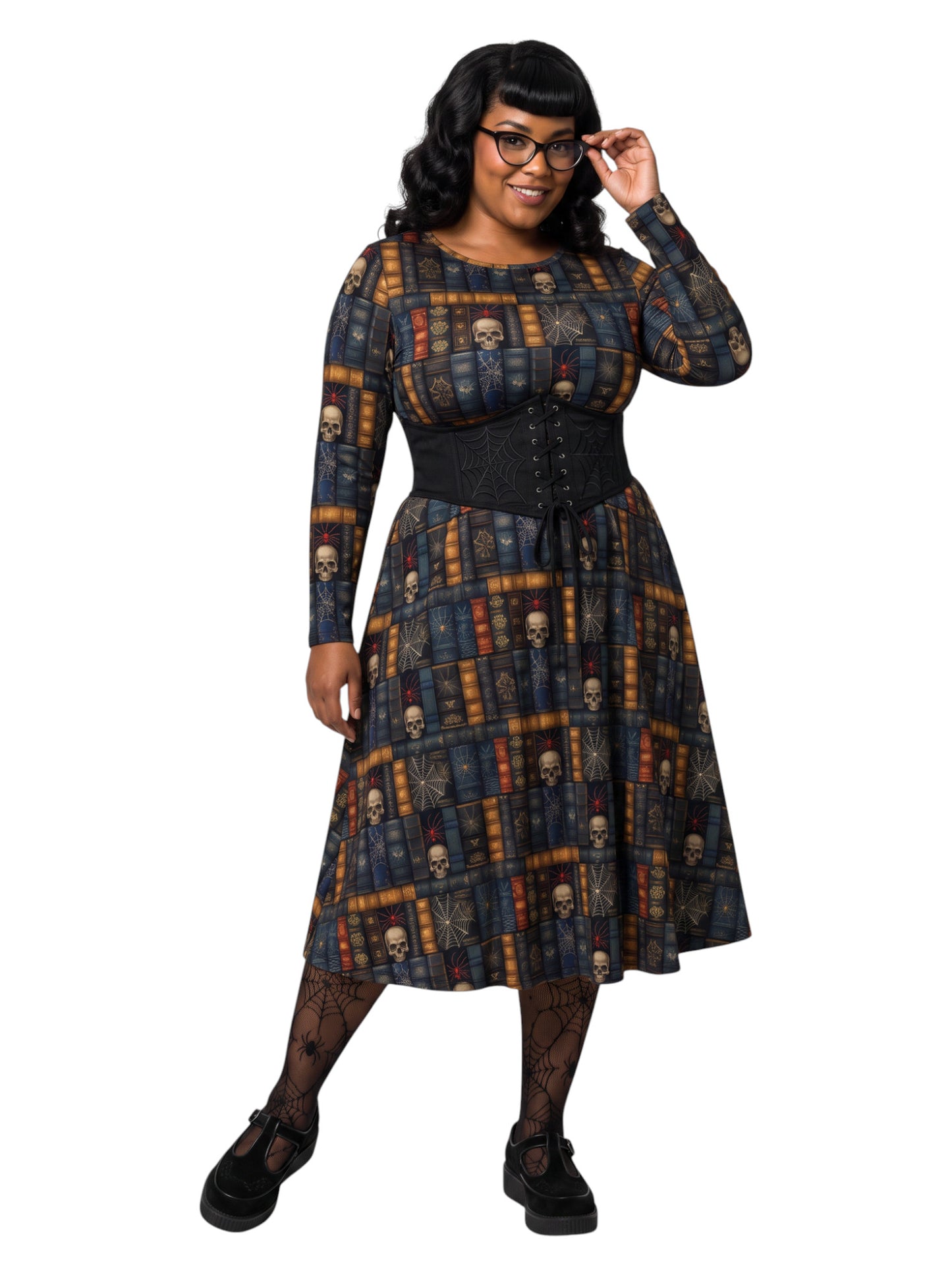 Plus-size model smiling in a Dark Academia midi dress featuring a bookshelf print with vintage books, skulls, and spiderwebs, designed with long sleeves and a fit-and-flare silhouette.