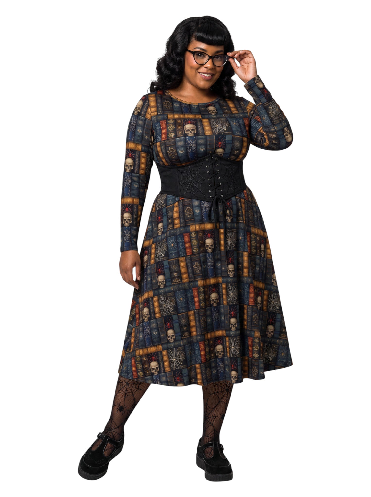 Plus-size model smiling in a Dark Academia midi dress featuring a bookshelf print with vintage books, skulls, and spiderwebs, designed with long sleeves and a fit-and-flare silhouette.