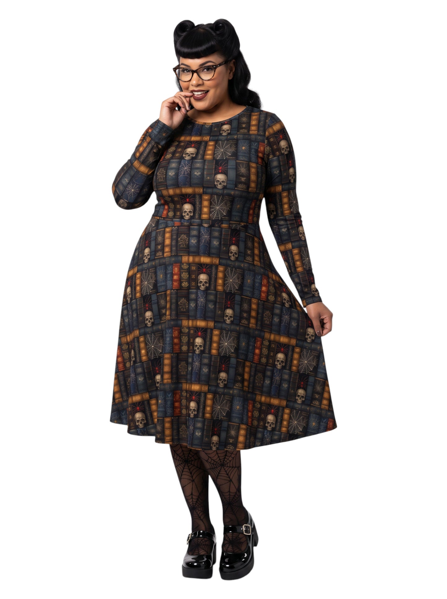 Plus-size model smiling in a Dark Academia midi dress featuring a bookshelf print with vintage books, skulls, and spiderwebs, designed with long sleeves and a fit-and-flare silhouette.