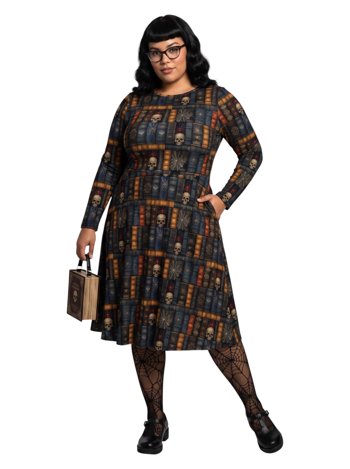 Plus-size model smiling in a Dark Academia midi dress featuring a bookshelf print with vintage books, skulls, and spiderwebs, designed with long sleeves and a fit-and-flare silhouette.