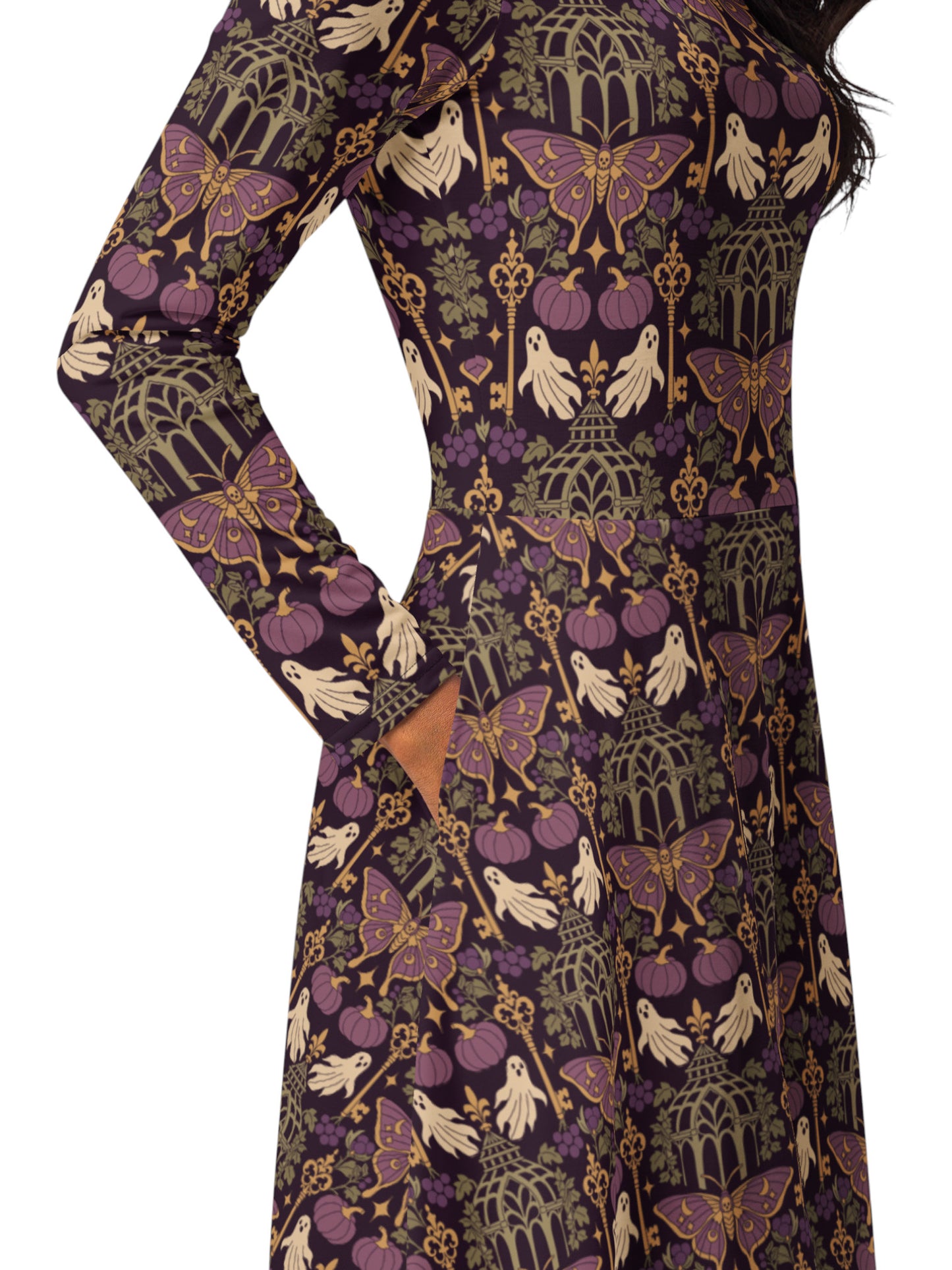 Plus Size Whimsigoth Gothic Moth Long Sleeve Dress with Pockets