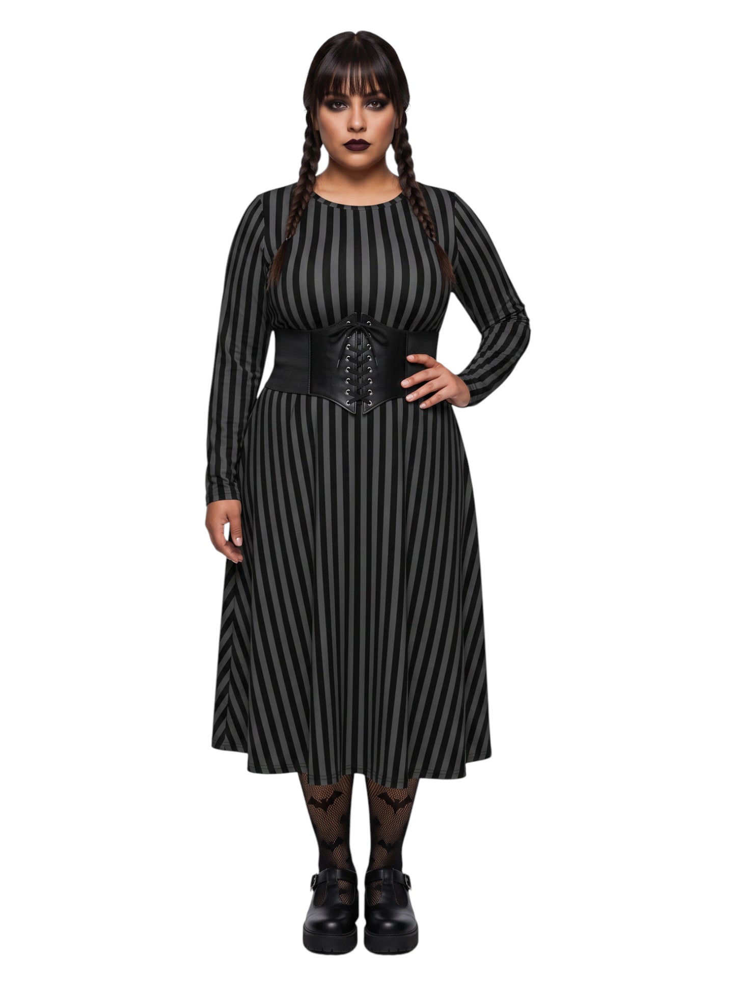 Plus size woman wearing a gothic grey and black vertically striped fit and flare midi dress with long sleeves, functional side pockets, and a scoop neckline.