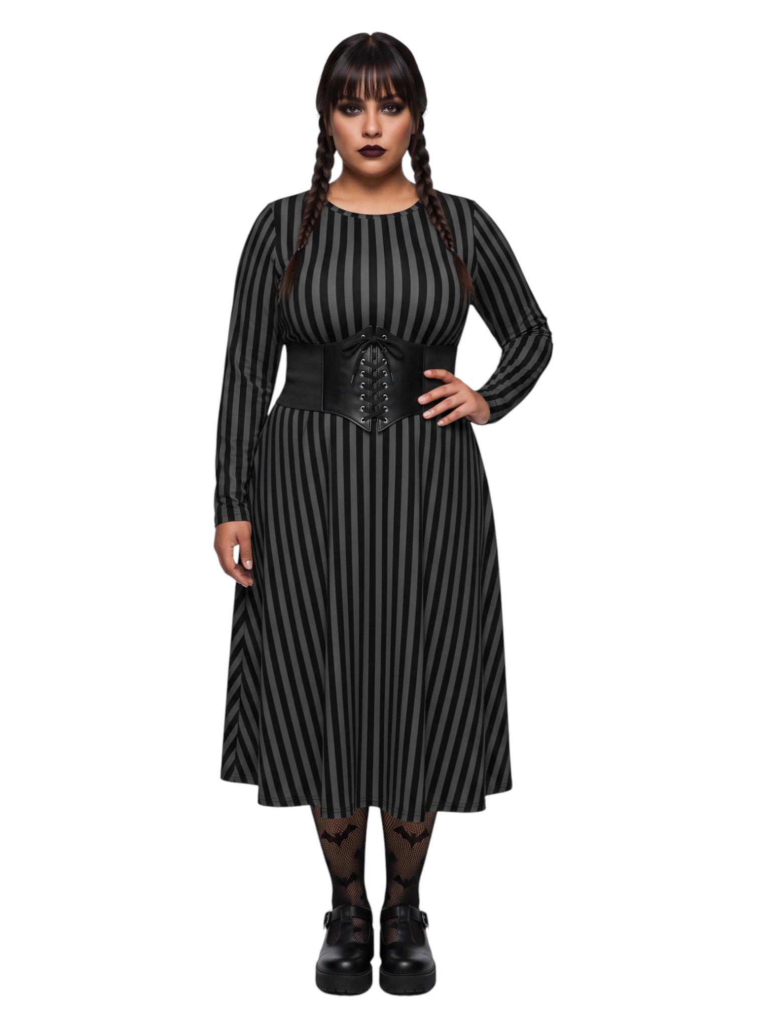 Plus size woman wearing a gothic grey and black vertically striped fit and flare midi dress with long sleeves, functional side pockets, and a scoop neckline.