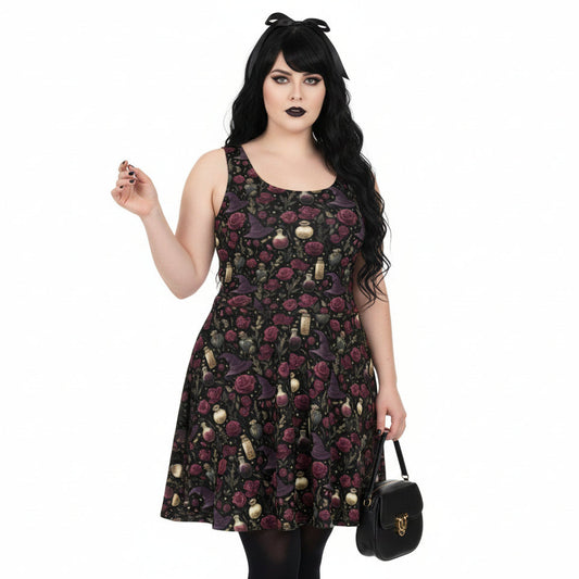 Woman wearing a floral dress with a black background