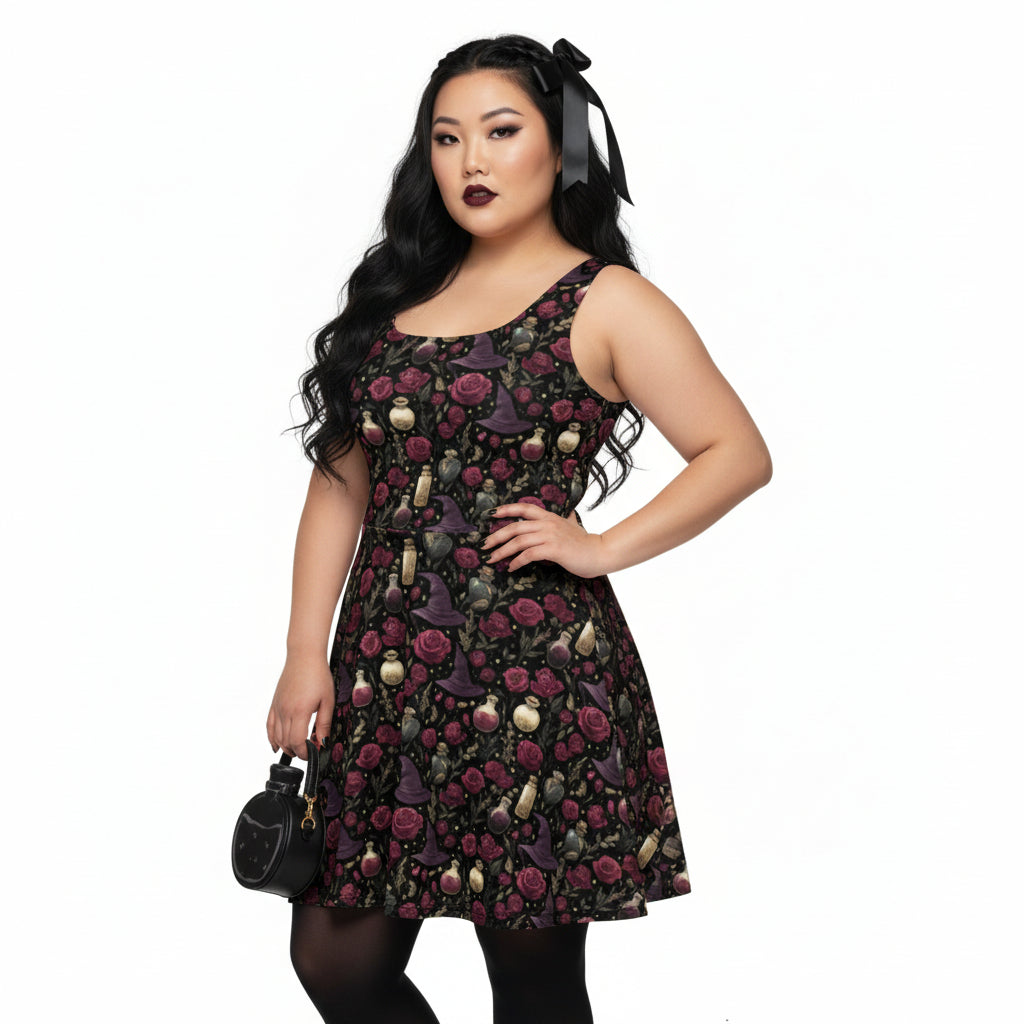 Woman wearing a floral dress with a white background