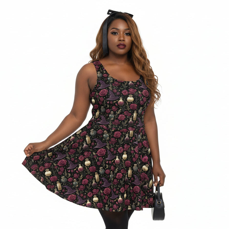 Woman wearing a floral dress with a white background