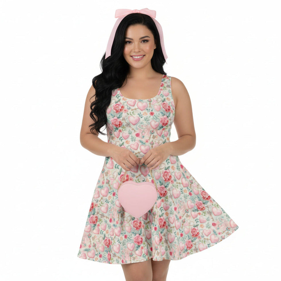 Woman wearing a floral dress with a pink heart-shaped bag and headband on a white background