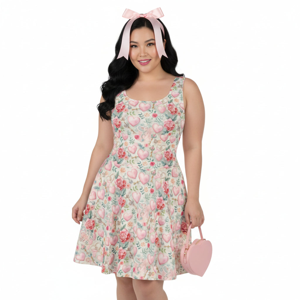 Woman wearing a floral dress with a pink bow headband and matching handbag on a white background