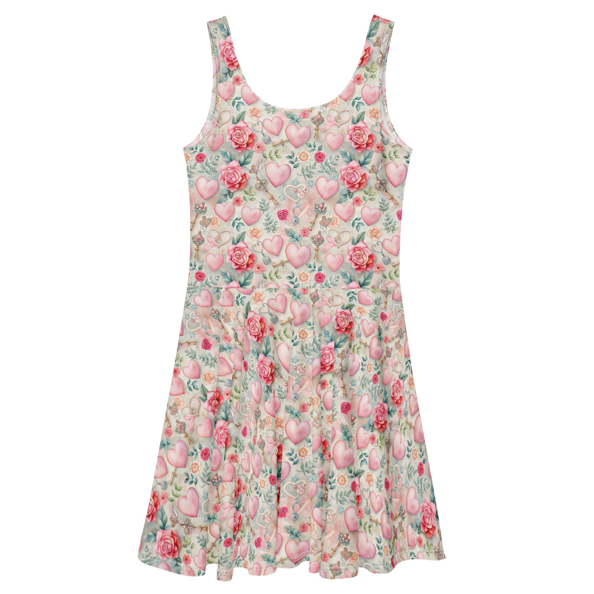 Floral and heart-patterned dress on a white background