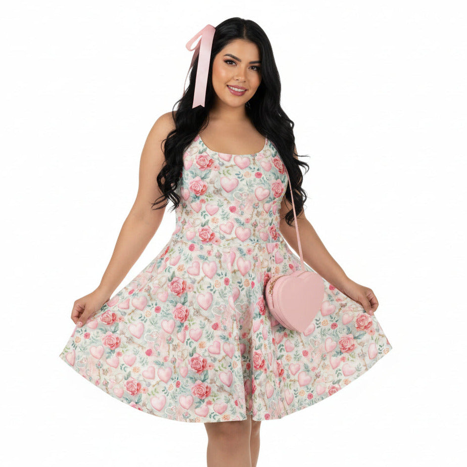 Woman wearing a floral dress holding a pink handbag on a white background