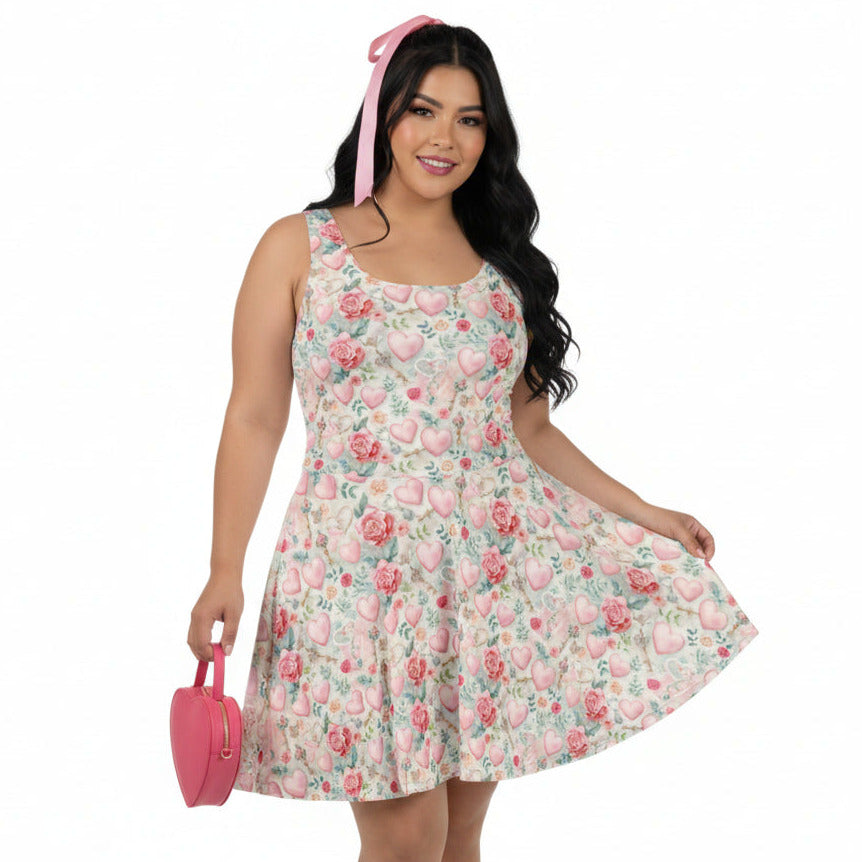 Woman wearing a floral dress holding a pink handbag on a white background