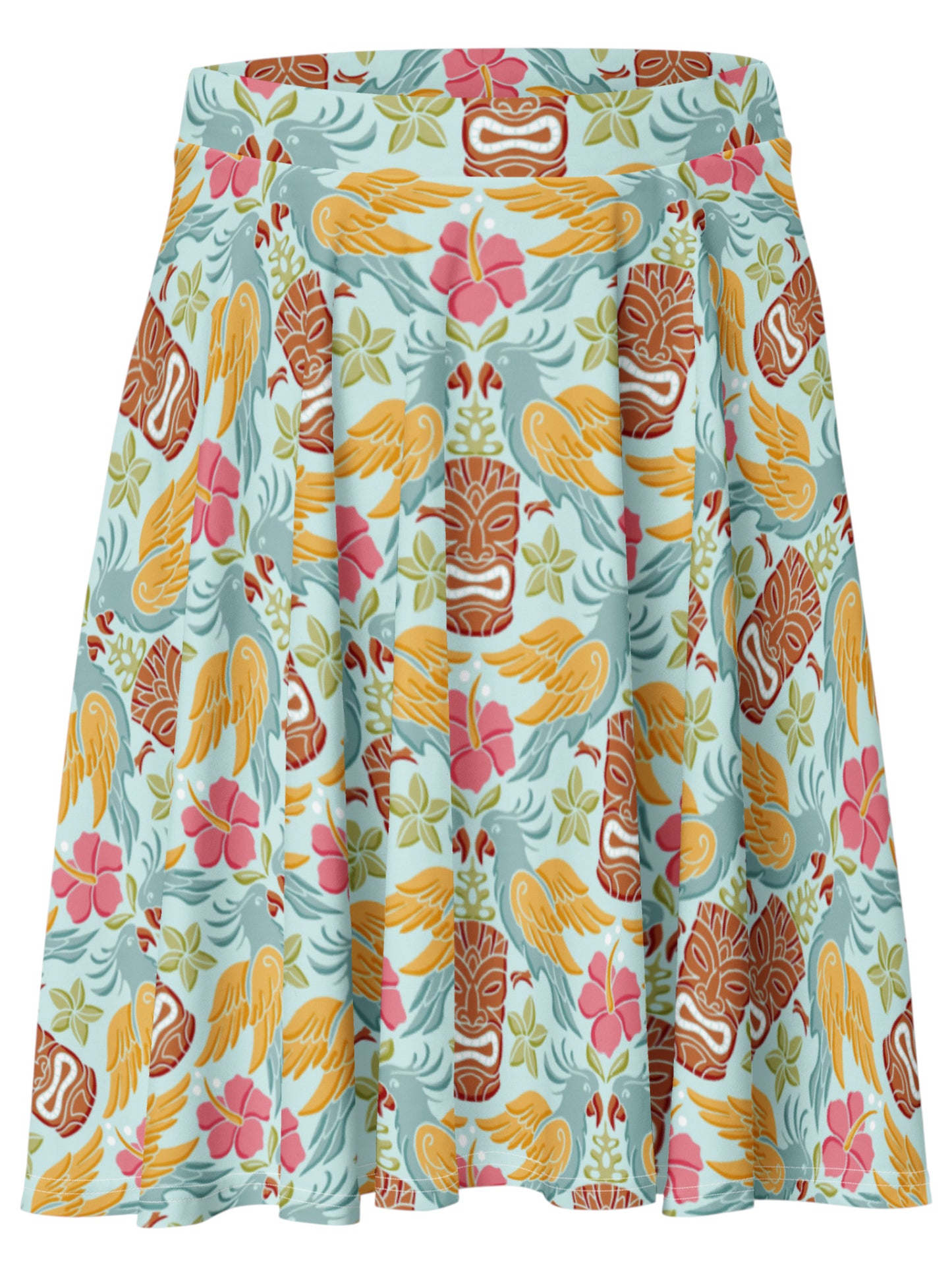 Retro Tiki Cockatoo and Pink Hibiscus Flower printed high-waisted pinup A-line swing skirt.
