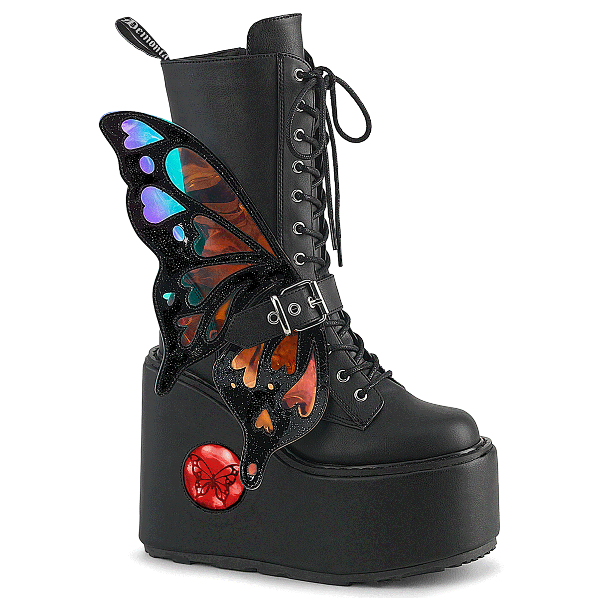 Black faux leather 5.5-inch wedge platform mid-calf boots with iridescent butterfly wings and LED light-up soles.