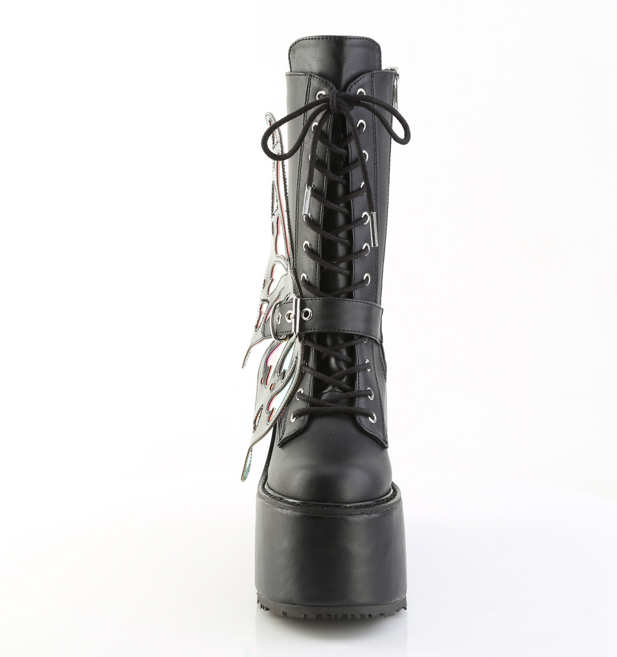 Black faux leather 5.5-inch wedge platform mid-calf boots with iridescent butterfly wings and LED light-up soles.