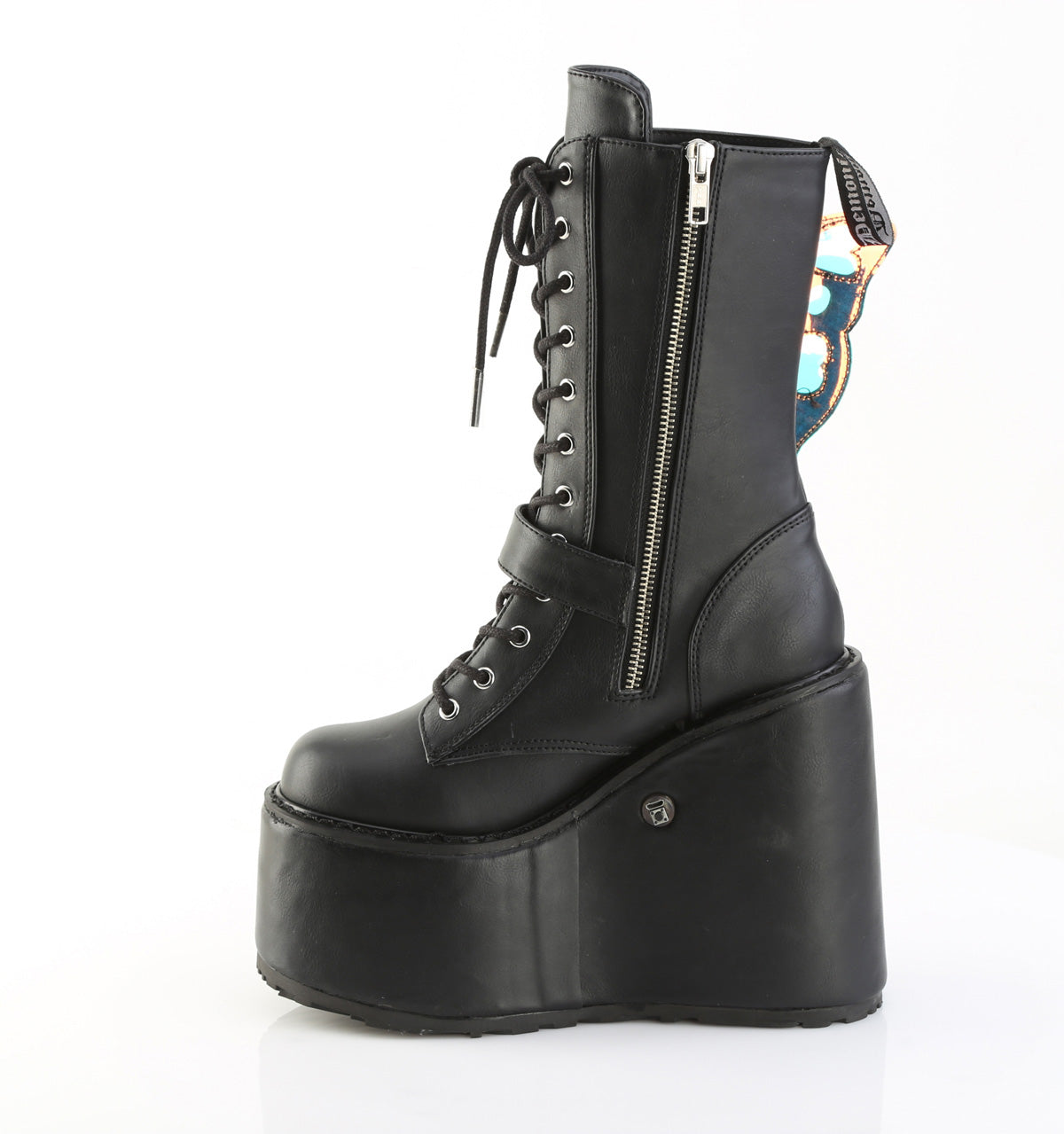 Black faux leather 5.5-inch wedge platform mid-calf boots with iridescent butterfly wings and LED light-up soles.