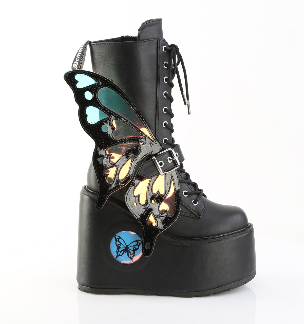 Black faux leather 5.5-inch wedge platform mid-calf boots with iridescent butterfly wings and LED light-up soles.