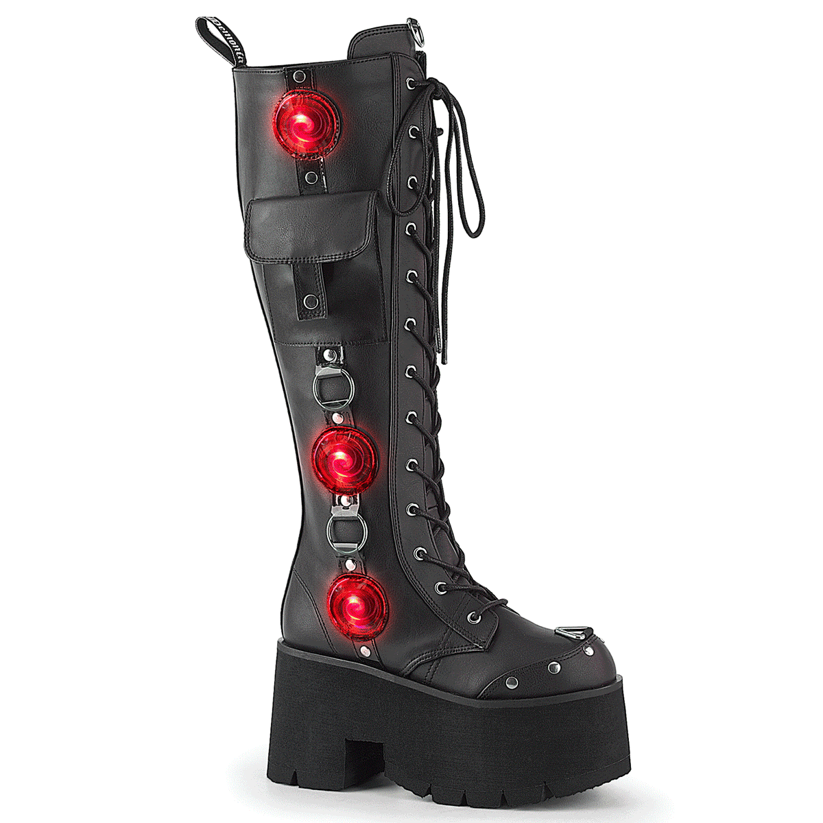 Black knee-high platform boots with LED light-up side panels and chunky heels.