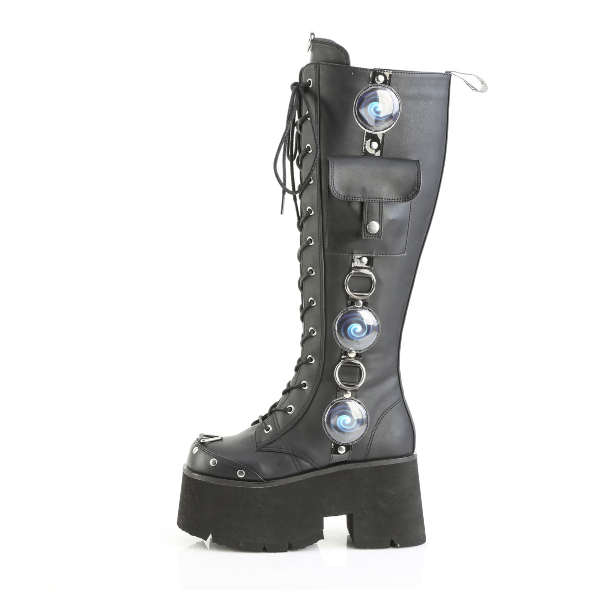 Black knee-high platform boots with LED light-up side panels and chunky heels.