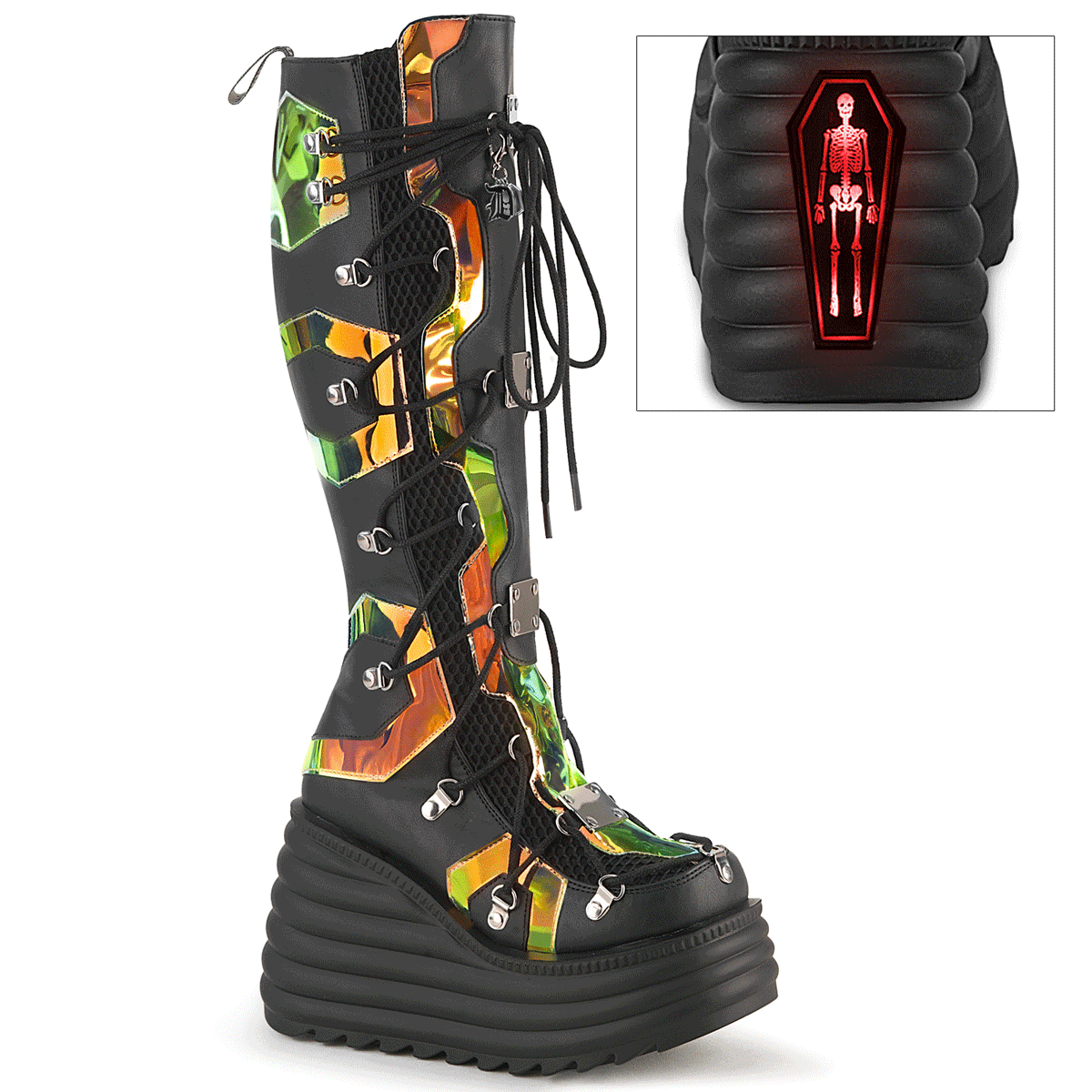 Knee-high black platform wedge boots with iridescent geometric patterns and LED light-up coffin back.