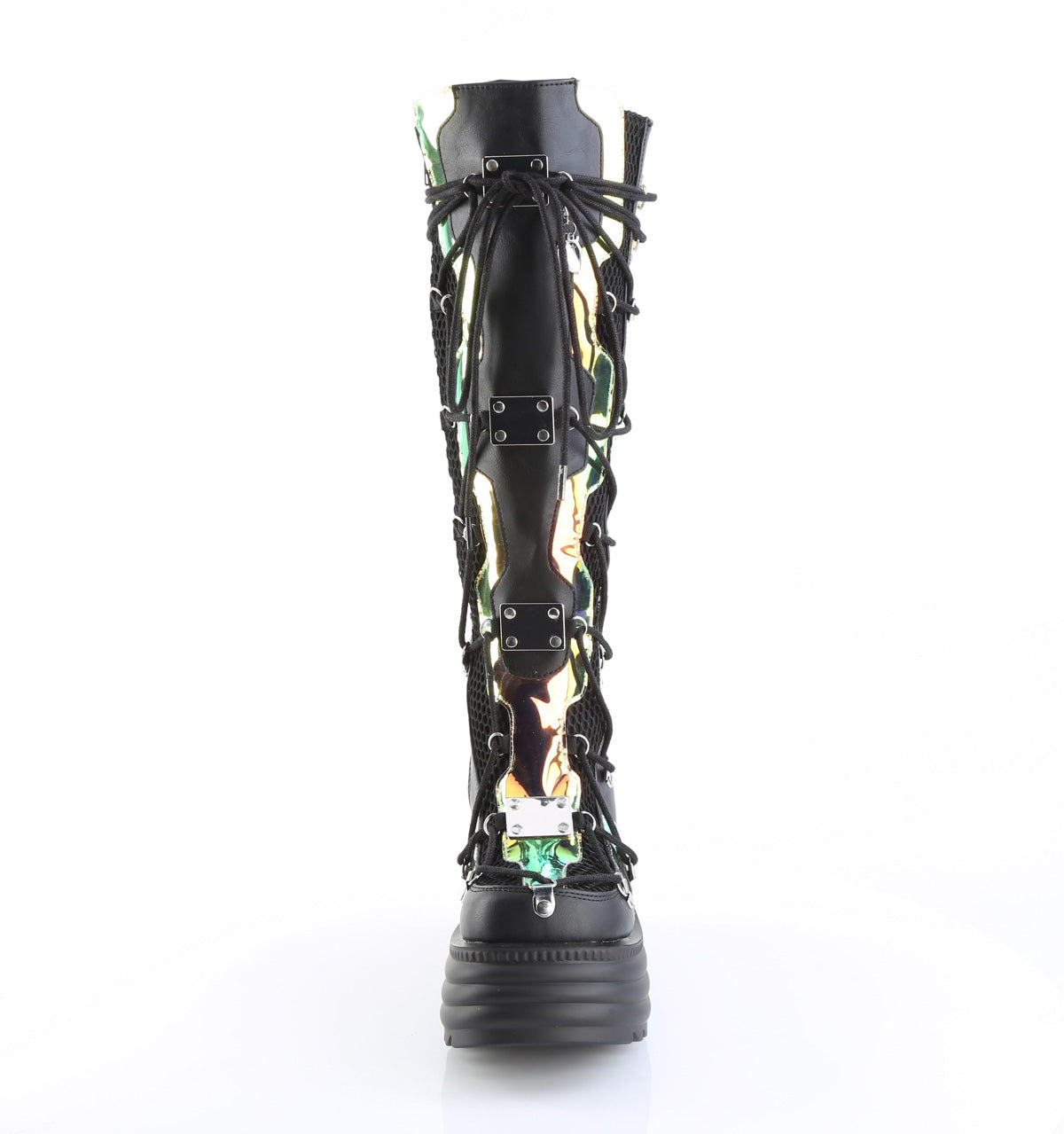 Knee-high black platform wedge boots with iridescent geometric patterns and LED light-up coffin back.