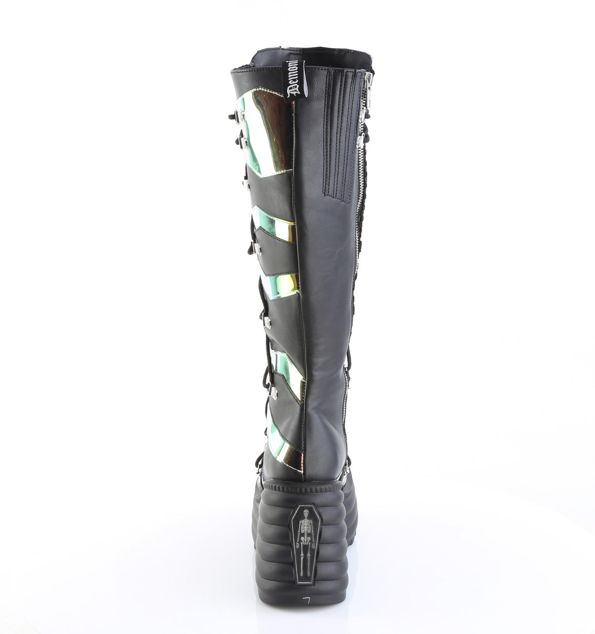 Knee-high black platform wedge boots with iridescent geometric patterns and LED light-up coffin back.