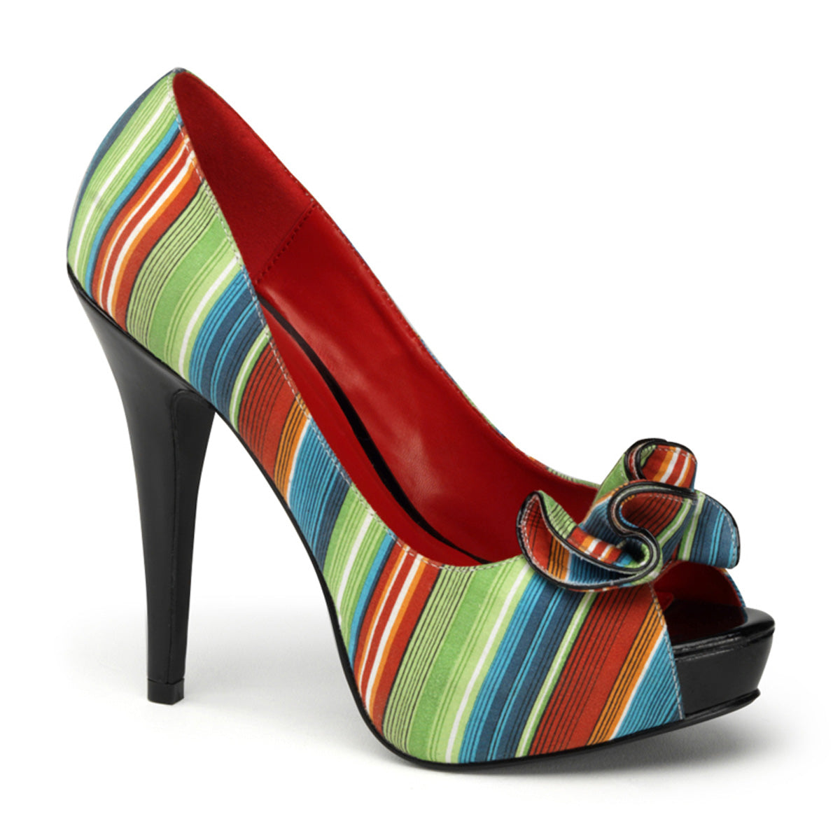 Multicolored striped vintage-inspired platform high heel shoe on white background
