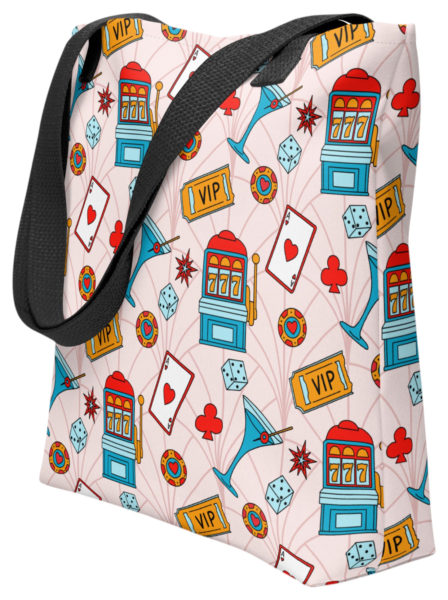 Martini Las Vegas Casino Pinup Tote Bag with retro slot machine and dice pattern.