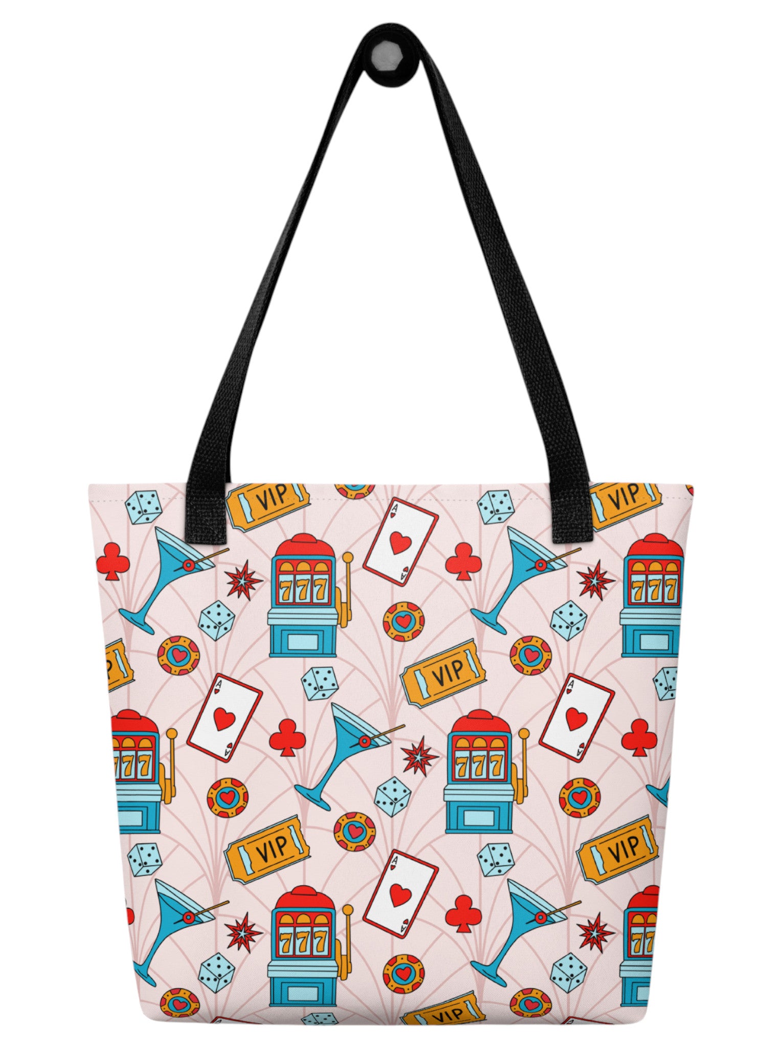 martini Las Vegas Casino Pinup 1950s Rockabilly Tote Bag with retro slot machine and dice pattern.