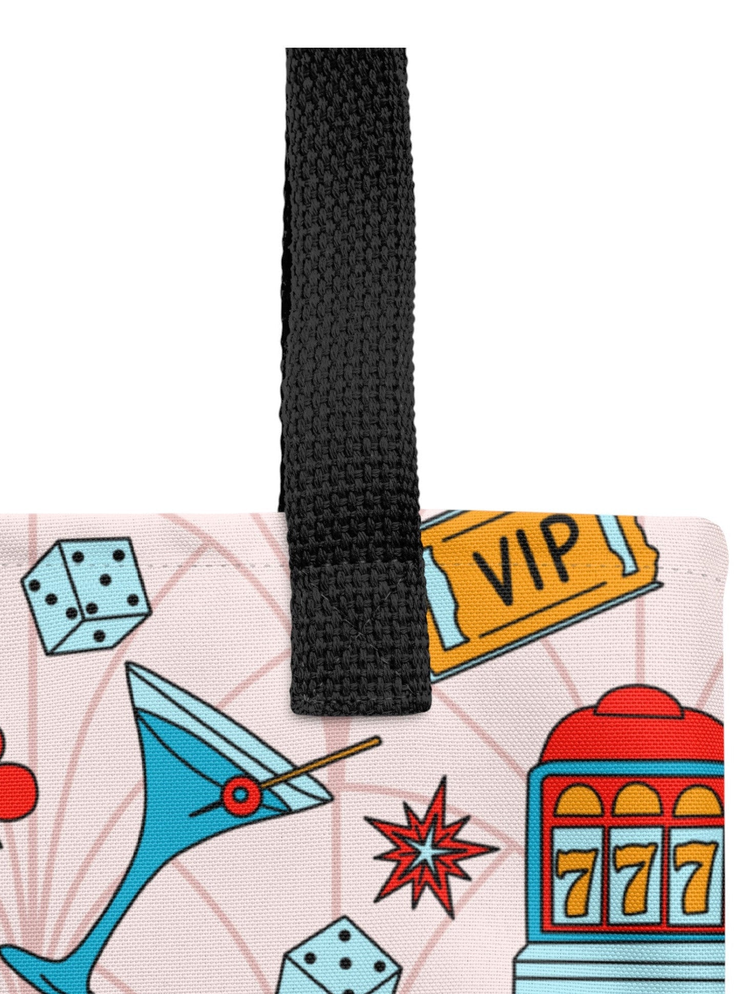 Martini Las Vegas Casino Pinup 1950s Rockabilly Tote Bag with retro slot machine and dice pattern.