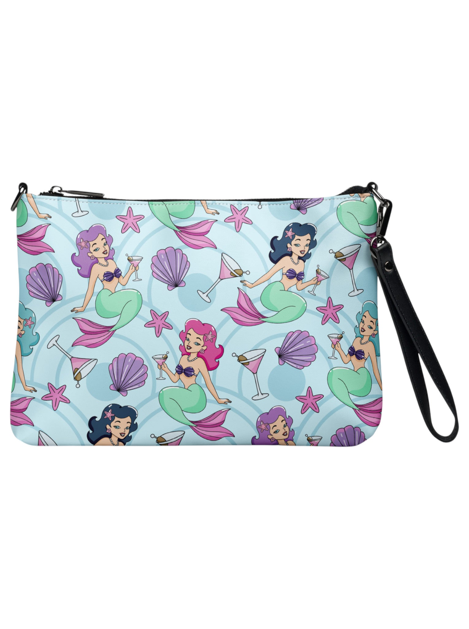 Mermaids, martinis and seashells convertible clutch and crossbody bag in faux leather with adjustable strap.