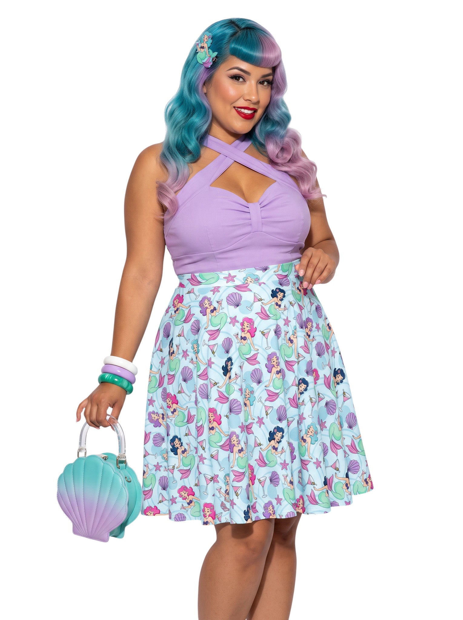 Plus-size woman wearing a Mermaids and Martinis flare swing skirt.