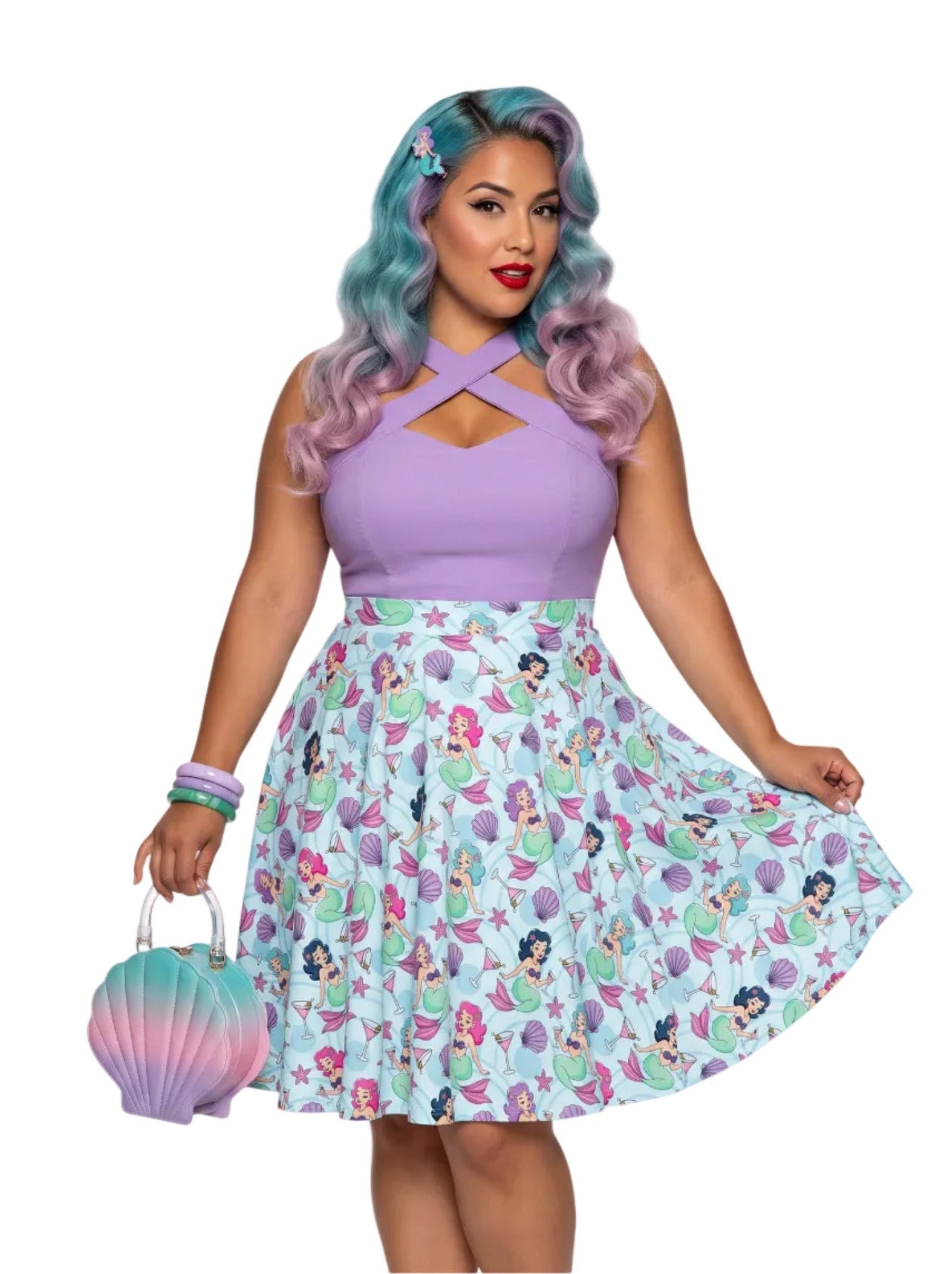 Plus-size woman wearing a Mermaids and Martinis flare swing skirt.