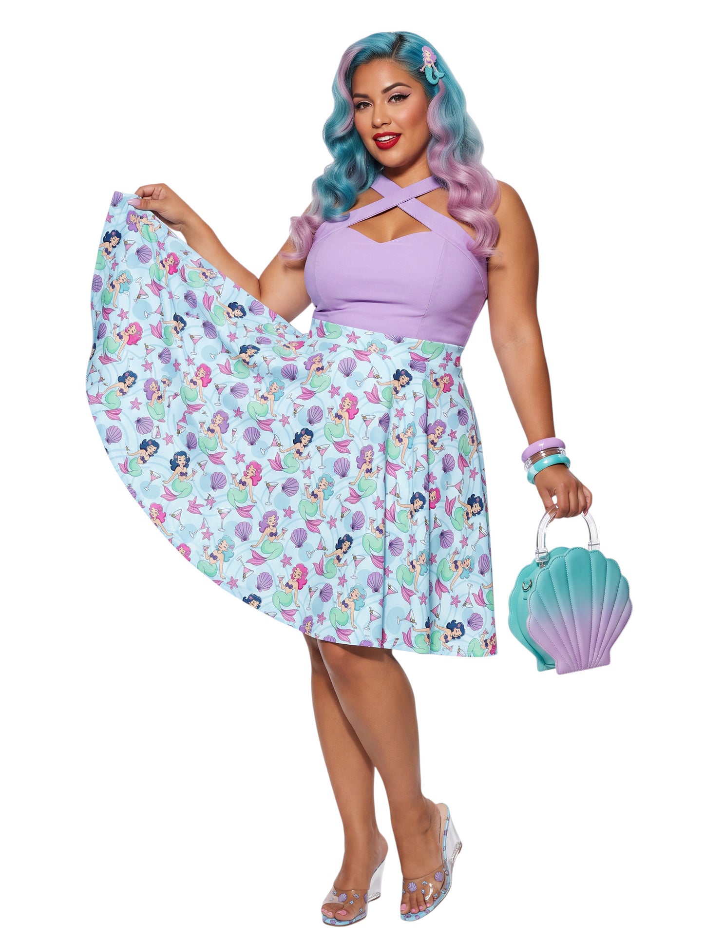Plus-size woman wearing a Mermaids and Martinis flare swing skirt.